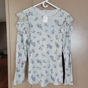 NWT Ces Femme Light Blue Paisley Waffle Knit Long Sleeve Ruffle Shoulder Top